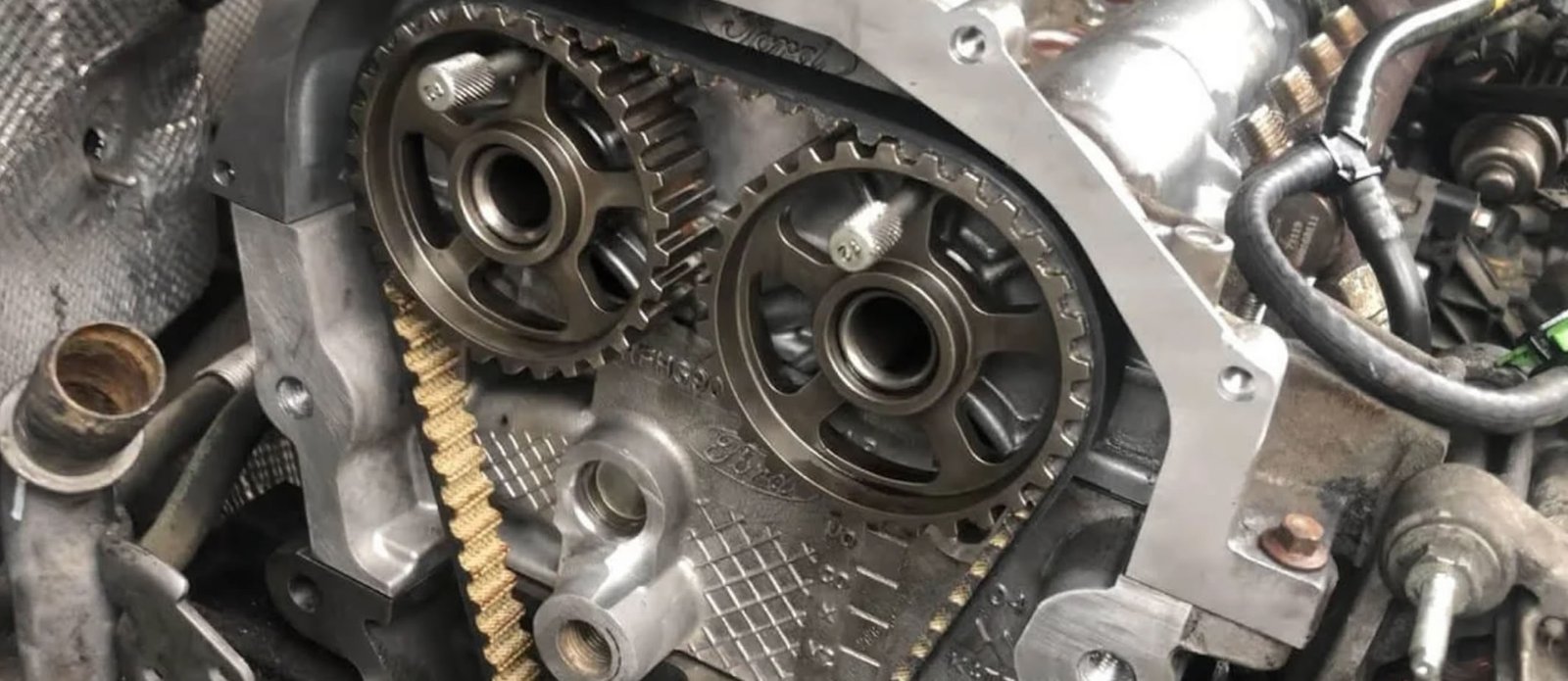 Wet belt visible at the front of an engine
